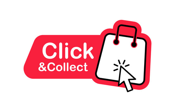 Click an collect badge with store cart and cursor. Design for online shopping, online order and internet sales. Vector illustration.