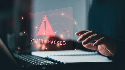 System hacked alert after cyber attack on computer network. compromised information concept. internet virus cyber security and cybercrime. hackers to steal the information is a cybercriminal - obrazy, fototapety, plakaty