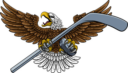 Bald Eagle Hawk Ice Hockey Mascot Stick and Puck