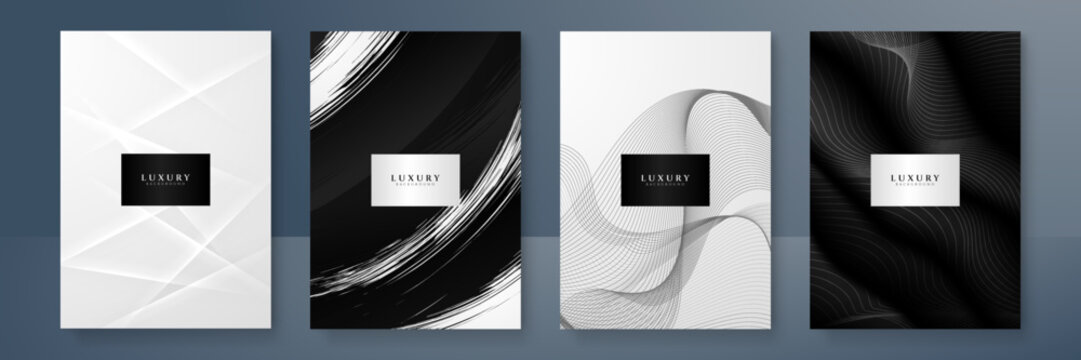 Modern cover design set. Gold abstract line pattern (wave curves) in premium colors: black and gold . Luxury wavy stripe vector layout for business background, certificate, brochure template