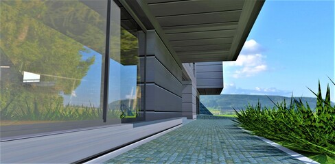 Blind area paved with gray stone. Green plants are near the white curb. Big reflective glass of the house. 3d rendering.