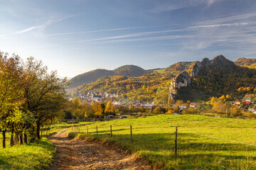 View of autumn rural landscape with The Lednica medieval castle in the White Carpathian Mountains, Slovakia, Europe.