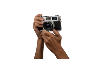Male hands holding an old vintage camera with no background