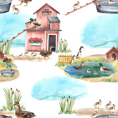 Duck village, american pekin seamless patterns. Mandarin, mallard, duckling, animals farm, zoo. Cute birds. clipart
 Stock illustration. Hand painted in watercolor.