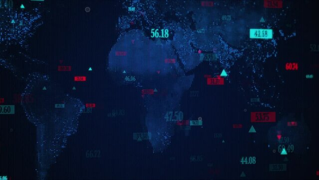 Animation of bitcoin symbol of world map. Current affairs, politics and global economy concept digitally generated video.