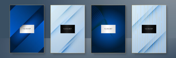 Fototapeta premium Modern cover design set. Blue white abstract line pattern (wave curves). Creative wavy stripe vector collection layout for business background, certificate, brochure template