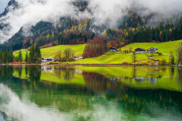 Fototapeta na wymiar The Hintersee Lake at rainy day in Germany