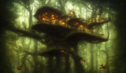 magical treehouse in a forest mysterious background.