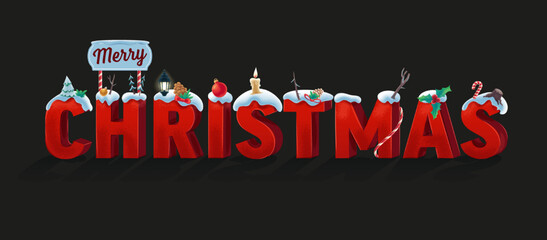 3d christmas text with decorations and snow