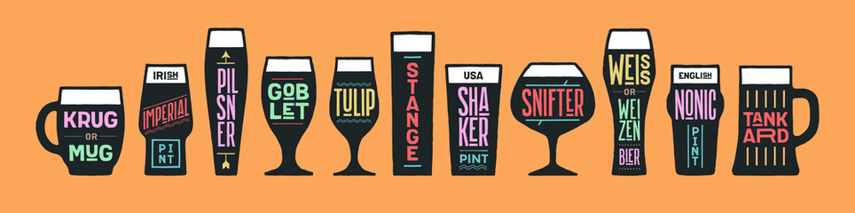 Beer glassware types. Poster banner with different types of glass, mug for beer. Graphic design print for kitchen design, wall decor. Poster for bar, pub, restaurant, beer theme. Vector Illustration