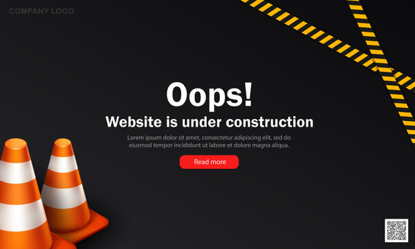 Template of dark landing page with 3d orange traffic cones and striped yellow-black tapes. Black vector banner with text - Oops! Website is under construction. Error poster with warning ribbons