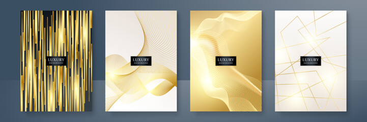 Technology cover background design set. Luxury line pattern (wave curves) in premium gold, black. Vector tech backdrop for business layout, digital certificate, formal brochure template, network