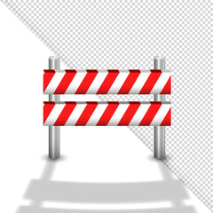 3d vector roadblock with red and white stripes. Three dimensional road barrier, construction fence or police barricade isolated on white and transparent background. 
