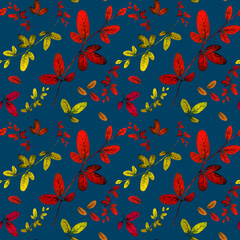 Pattern of branches and herbs on adark blue background. Watercolor.