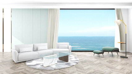 Luxury beach and Modern living sea view hotel and resort - Wooden floor background - 3D rendering