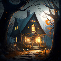Fototapeta na wymiar illustration of a house in a spooky forest
