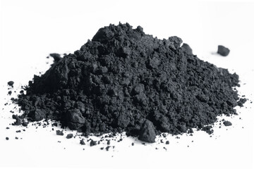 Close up of a pile of charcoal black extra fine powder on a white background.