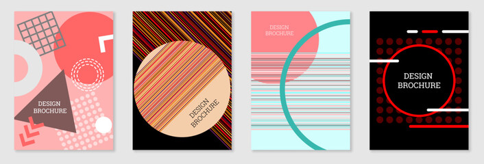 Fototapeta premium Set of cover design in Memphis style. Geometric design, abstract background. Fashionable bright cover, banner, poster, booklet. Creative colors.