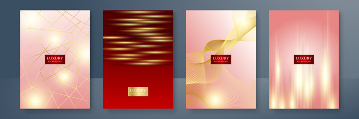 Fototapeta premium Modern elegant cover design set. Luxury fashionable background with red gold line pattern. Flower premium vector template for wedding invite, makeup catalog, brochure template, flyer, presentation