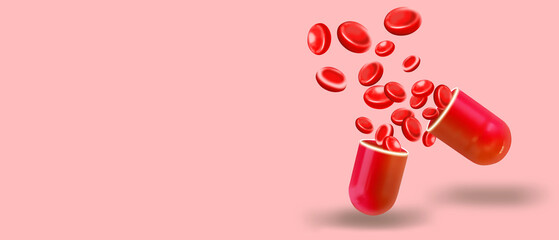 Red erythrocytes in the air on a pink background.