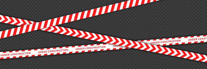 Red barricade tape with white diagonal stripes isolated on transparent background. Vector template of seamless barrier line. Under construction ribbon, warning line