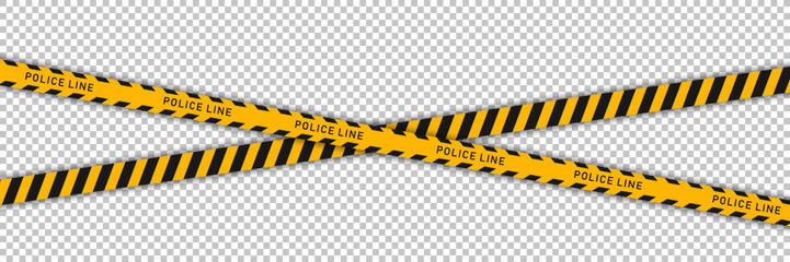 Yellow barricade tape with black diagonal stripes and text "POLICE LINE" isolated on transparent background. Vector template of seamless caution police ribbon for crime scene