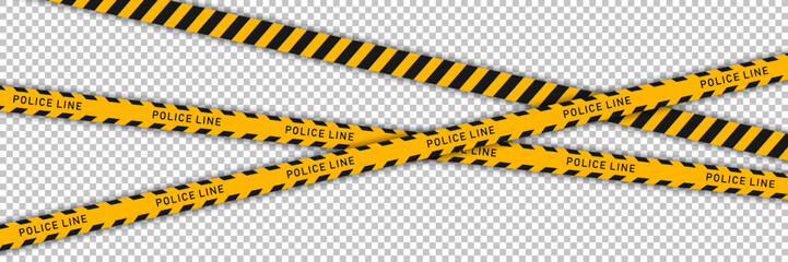 Yellow barricade tape with black diagonal stripes and text "POLICE LINE" isolated on transparent background. Vector template of seamless caution police ribbon for crime scene