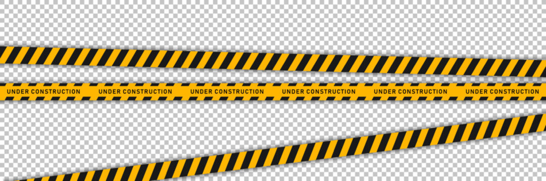 Yellow barricade tape with black diagonal stripes isolated on transparent background. Vector template of seamless barrier line. Under construction ribbon