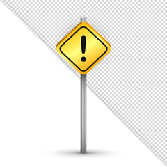 3d road sign with metal pillar and yellow rhombus with exclamation point inside. Realistic warning, caution or danger sign isolated on white and transparent background.