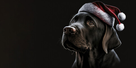 festive Christmas with a black Labrador dog with a Santa hat on dark background