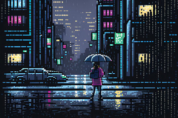 Pixel Rain. Pixelart Scene of a Women with an Umbrella in a Rainy Cyberpunk Cityscape. [Digital PixelArt Illustration, Sci-Fi Fantasy Horror Background, Graphic Novel, Postcard, or Product Image] - obrazy, fototapety, plakaty