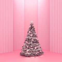 Pink Christmas tree with geometric wall panels in background. Minimalist elegant simple scene.
