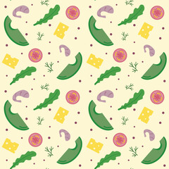 Seamless background with tomatoes, ovocado, cheese, shrimp and dill on a light yellow background. Flat style. Vector texture of healthy food.