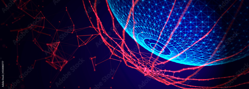 Poster Digital technology background. Abstract sphere with elements connecting dots and lines. Network connection 3d Widescreen