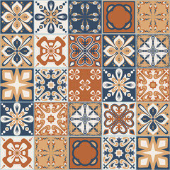 Brown walnut ceramic tiles for design, square vintage spanish patchwork style, vector illustration
