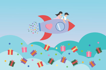 Vector joyful lovely cute rocket or missile couple in love together sky cloud gift box. Love couple concept background valentine day love rocket online sale banner christmas day birthday illustration.