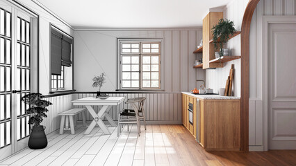Architect interior designer concept: hand-drawn draft unfinished project that becomes real, farmhouse bleached wooden kitchen with dining room. Japandi style
