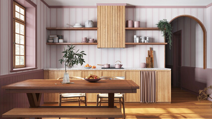 Wooden country kitchen and dining room in white and red tones. Cabinets and table with chair. Wallpaper and parquet floor. Farmhouse interior design