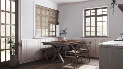 Farmhouse dark wooden dining room in white and beige tones. Cabinets and table with chair and bench. Parquet floor. Rustic interior design