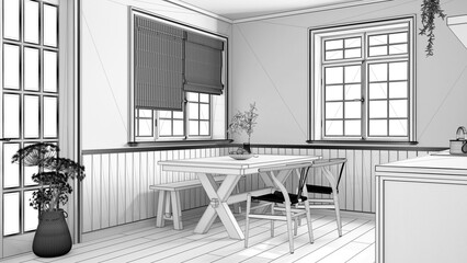 Blueprint unfinished project draft, farmhouse wooden dining room. Cabinets and table with chair and bench. Parquet floor. Rustic interior design