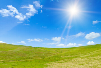 grassy meadow with distant hills, trees and sun.
