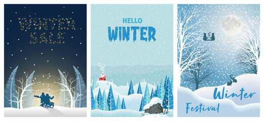 Set of abstract winter backgrounds for social media stories. Colorful winter banners with falling snowflakes, snowy trees. Wintry scenes . Use for event invitation, discount voucher, ad. - obrazy, fototapety, plakaty