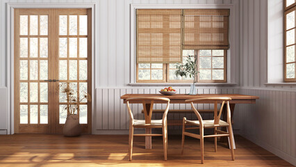 Farmhouse hallway with dining room in white and beige tones. Wooden table with bench and chairs. Vintage interior design