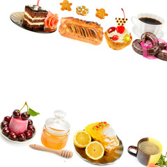 Set of sweets and desserts isolated on white . Collage. Place for your text.