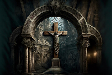 Jesus in the crown of thorns, painting, illustration. in a chruch.