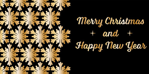 Fototapeta na wymiar Black golden perfect christmas greeting card, text Merry Christmas and Happy New Year, golden snowflake