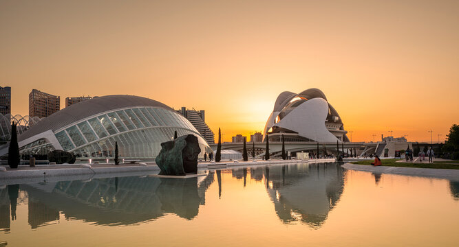 April 29 2022, Valencia, Spain.
Valencia's famous L'Hemisferic and Opera house at City of arts and sciences at sunset, Spain