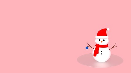 Snowman, Pink Snowman Holding Blue Ornament. Christmas Hat. Winter Holidays. Pink Background. New Year. Christmas Season.
