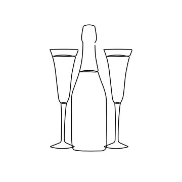 One line champagne toast. Continuous linear couple wine glasses with botle . Wedding party cheers. Minimalist new year celebration vector concept