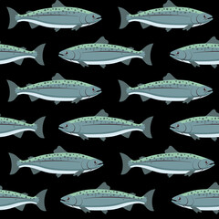 Seamless pattern witth salmon whole red fish, vector illustration isolated on black background. Blue element. Realistic seafood product, sushi ingredient, healthy nutrition.